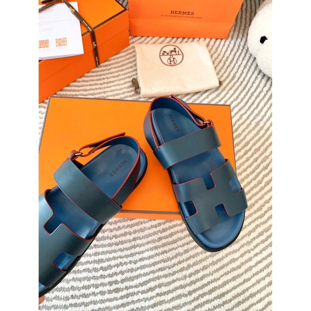 Cheap Reps Hermes Mens Genius Sandals In Blue Calfskin