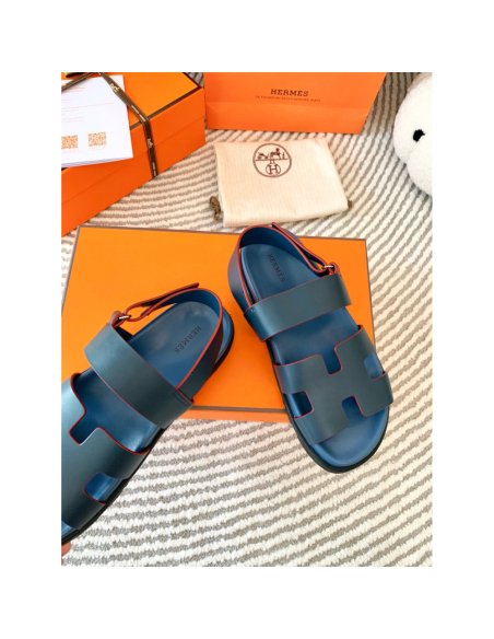 Cheap Reps Hermes Mens Genius Sandals In Blue Calfskin