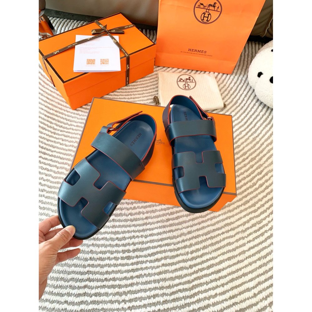 Cheap Reps Hermes Mens Genius Sandals In Blue Calfskin