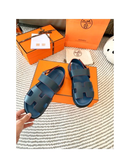 Cheap Reps Hermes Mens Genius Sandals In Blue Calfskin