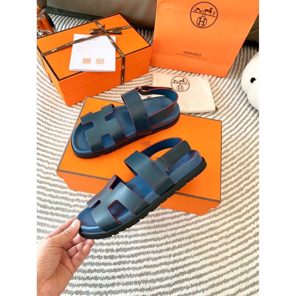 Cheap Reps Hermes Mens Genius Sandals In Blue Calfskin