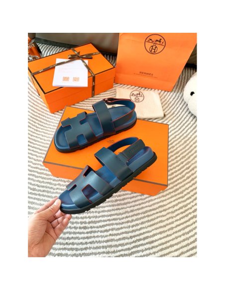 Cheap Reps Hermes Mens Genius Sandals In Blue Calfskin