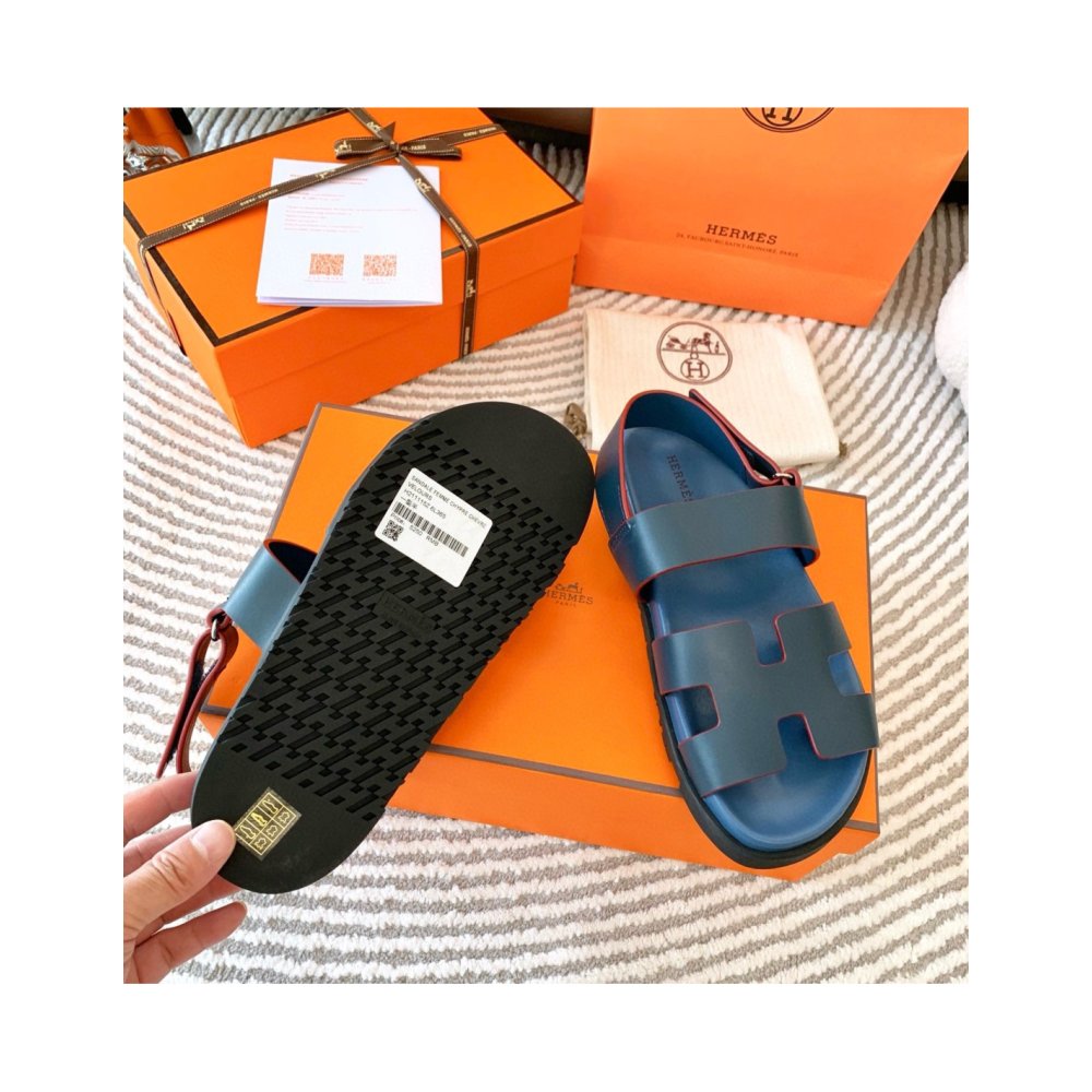 Cheap Reps Hermes Mens Genius Sandals In Blue Calfskin