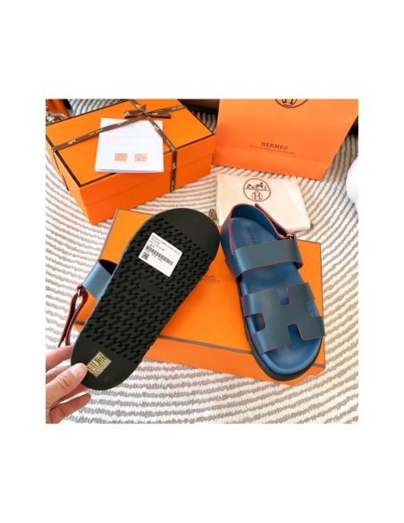 Cheap Reps Hermes Mens Genius Sandals In Blue Calfskin