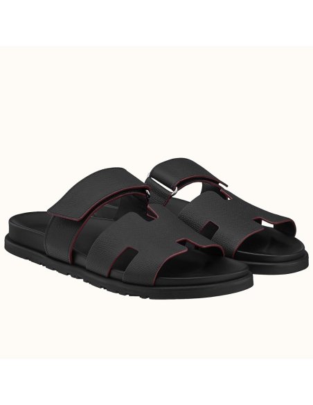 Cheap Reps Hermes Mens Chypre Sandals in Black Epsom Calfskin