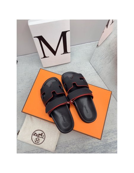 Cheap Reps Hermes Mens Chypre Sandals in Black Epsom Calfskin