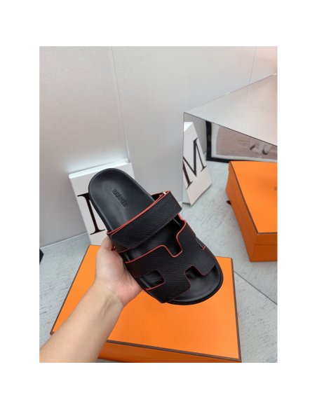 Cheap Reps Hermes Mens Chypre Sandals in Black Epsom Calfskin