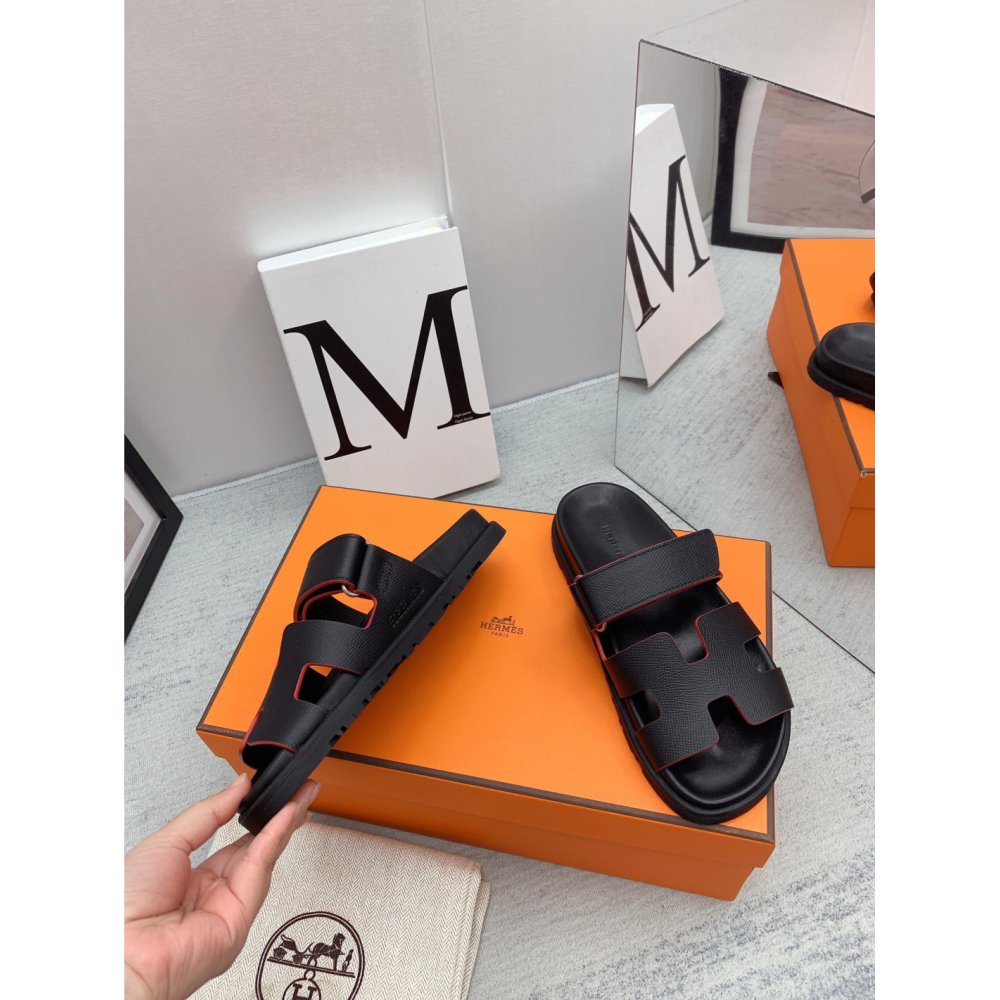 Cheap Reps Hermes Mens Chypre Sandals in Black Epsom Calfskin