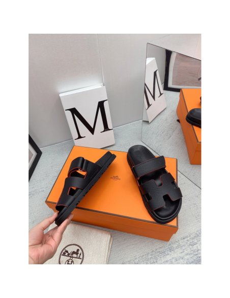 Cheap Reps Hermes Mens Chypre Sandals in Black Epsom Calfskin
