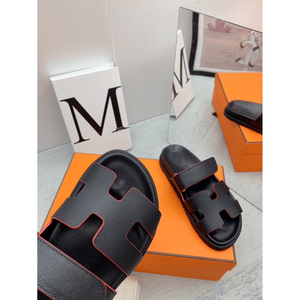 Cheap Reps Hermes Mens Chypre Sandals in Black Epsom Calfskin