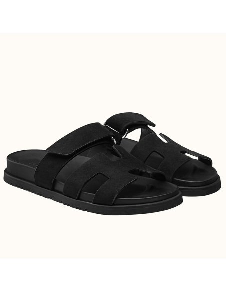 Cheap Reps Hermes Mens Chypre Sandals in Black Suede Calfskin