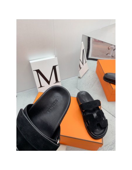 Cheap Reps Hermes Mens Chypre Sandals in Black Suede Calfskin
