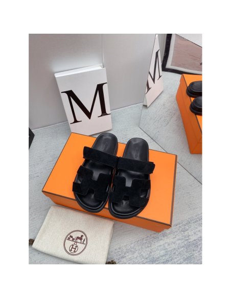 Cheap Reps Hermes Mens Chypre Sandals in Black Suede Calfskin