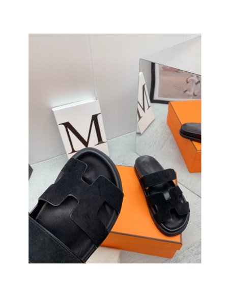 Cheap Reps Hermes Mens Chypre Sandals in Black Suede Calfskin