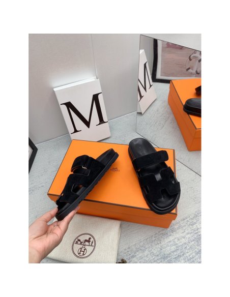 Cheap Reps Hermes Mens Chypre Sandals in Black Suede Calfskin