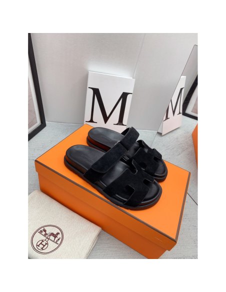 Cheap Reps Hermes Mens Chypre Sandals in Black Suede Calfskin