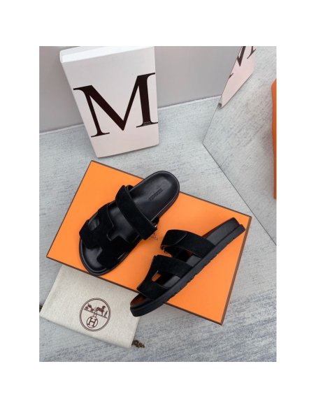 Cheap Reps Hermes Mens Chypre Sandals in Black Suede Calfskin