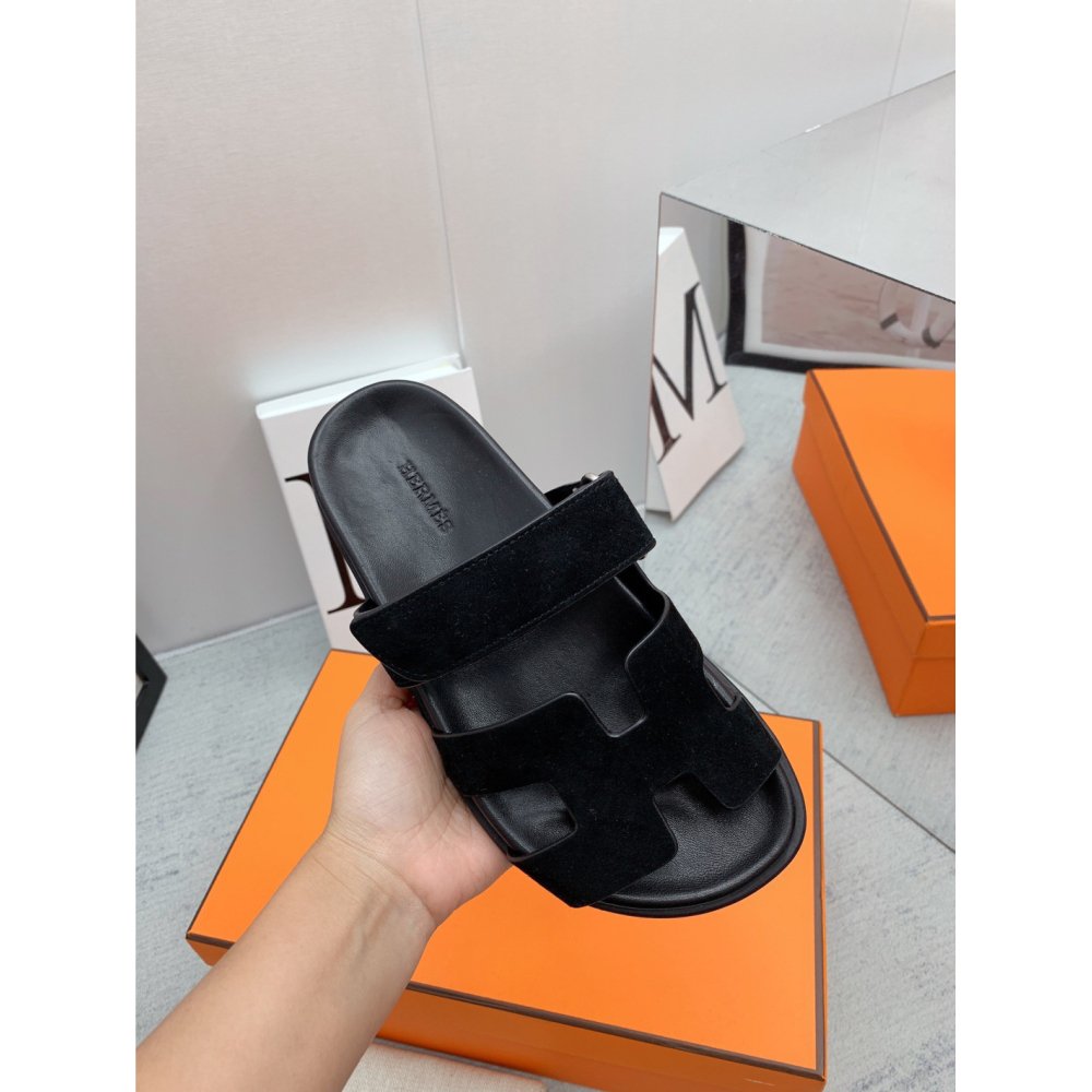 Cheap Reps Hermes Mens Chypre Sandals in Black Suede Calfskin