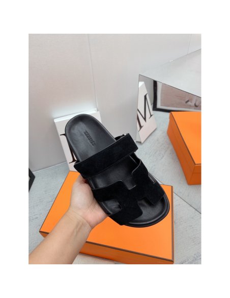 Cheap Reps Hermes Mens Chypre Sandals in Black Suede Calfskin