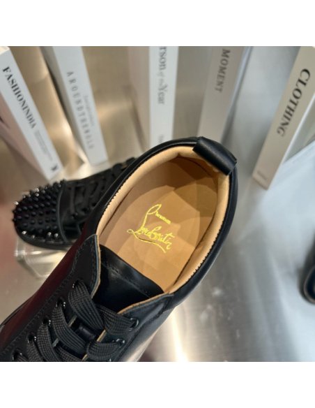 Cheap Reps Christian Louboutin Mens Louis Junior Spikes Flat Sneakers In Black Leather