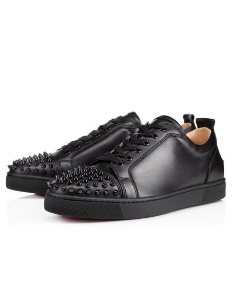 Cheap Reps Christian Louboutin Mens Louis Junior Spikes Flat Sneakers In Black Leather