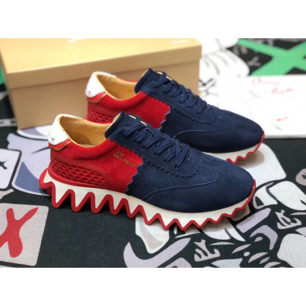 Cheap Reps Christian Louboutin Mens Loubishark Sneakers In Blue/Red Suede