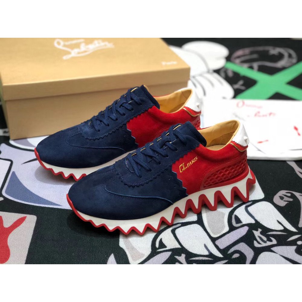 Cheap Reps Christian Louboutin Mens Loubishark Sneakers In Blue/Red Suede