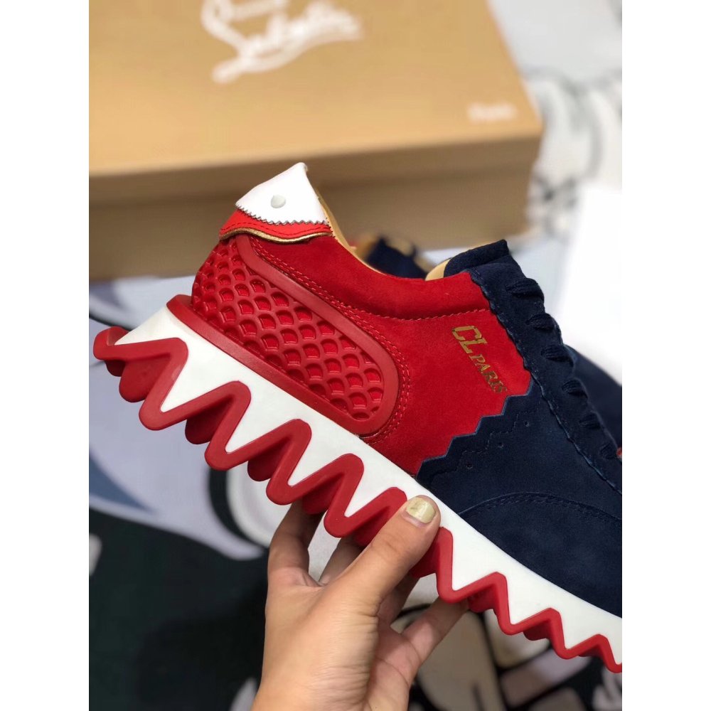 Cheap Reps Christian Louboutin Mens Loubishark Sneakers In Blue/Red Suede