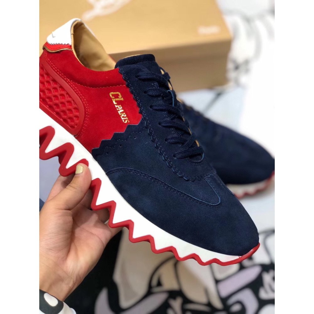 Cheap Reps Christian Louboutin Mens Loubishark Sneakers In Blue/Red Suede