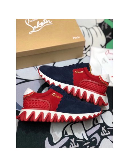 Cheap Reps Christian Louboutin Mens Loubishark Sneakers In Blue/Red Suede