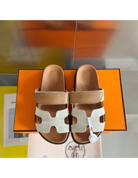 Cheap Reps Hermes Womens Chypre Sandals In Canvas with Brown Leather
