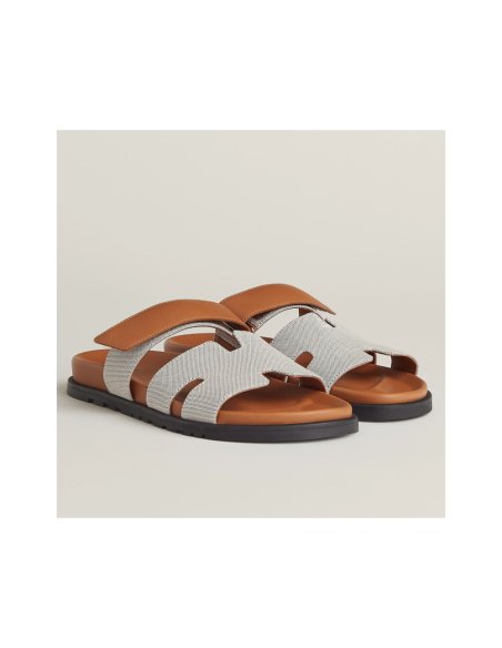 Cheap Reps Hermes Womens Chypre Sandals In Canvas with Brown Leather