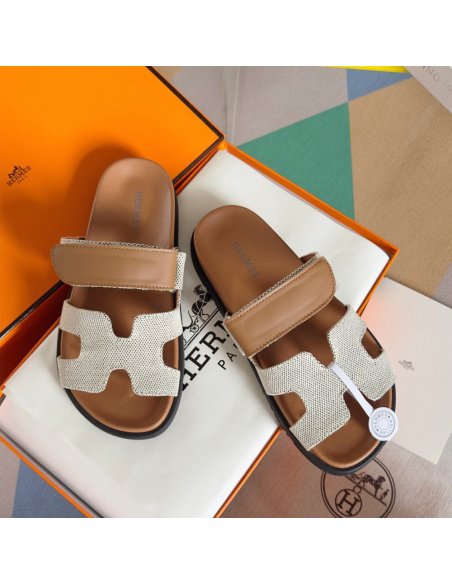 Cheap Reps Hermes Womens Chypre Sandals In Canvas with Brown Leather