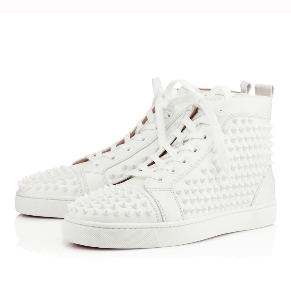 Cheap Reps Christian Louboutin Mens Louis Spikes Flat Sneakers In White Leather