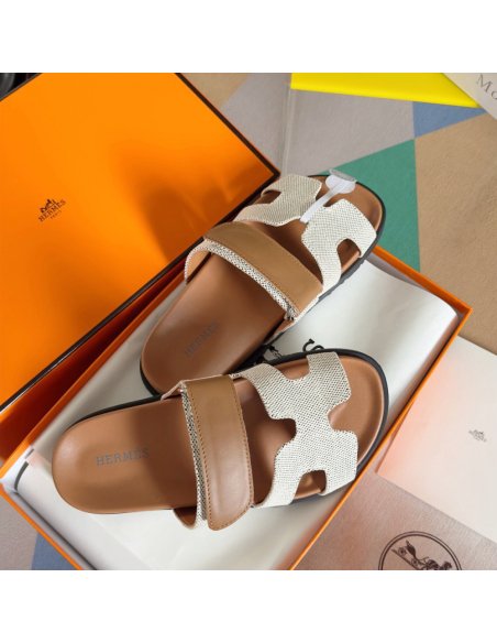 Cheap Reps Hermes Womens Chypre Sandals In Canvas with Brown Leather