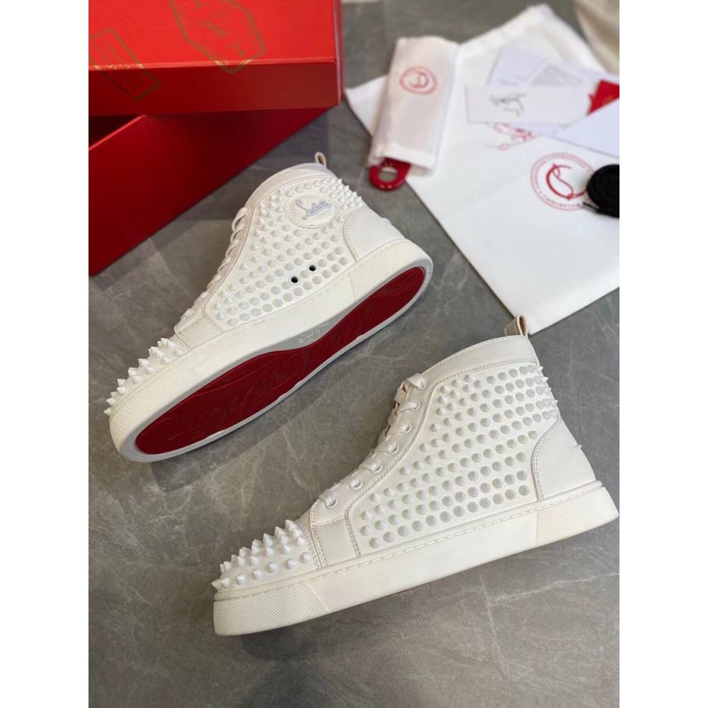 Cheap Reps Christian Louboutin Mens Louis Spikes Flat Sneakers In White Leather