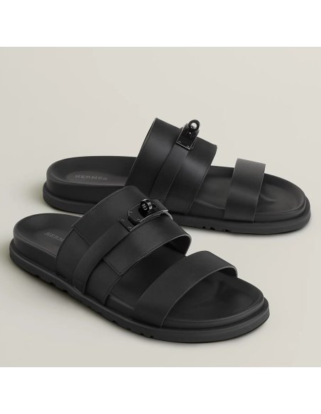 Cheap Reps Hermes Mens Jackson Sandal in Black Calfskin
