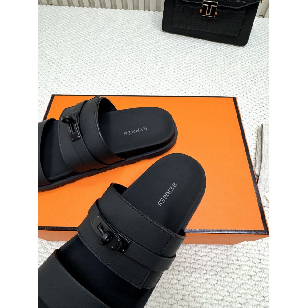 Cheap Reps Hermes Mens Jackson Sandal in Black Calfskin