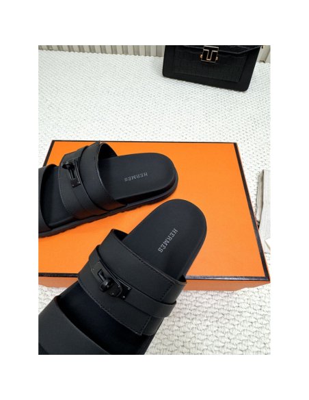 Cheap Reps Hermes Mens Jackson Sandal in Black Calfskin