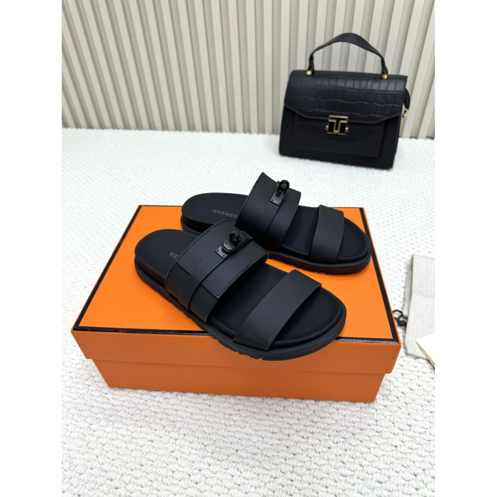 Cheap Reps Hermes Mens Jackson Sandal in Black Calfskin