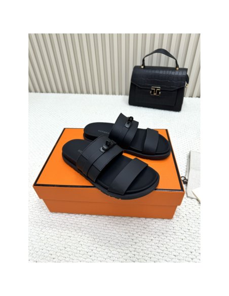 Cheap Reps Hermes Mens Jackson Sandal in Black Calfskin