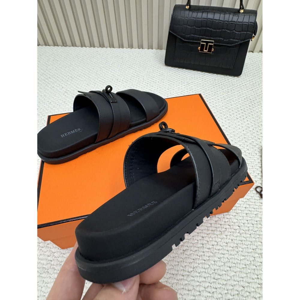 Cheap Reps Hermes Mens Jackson Sandal in Black Calfskin