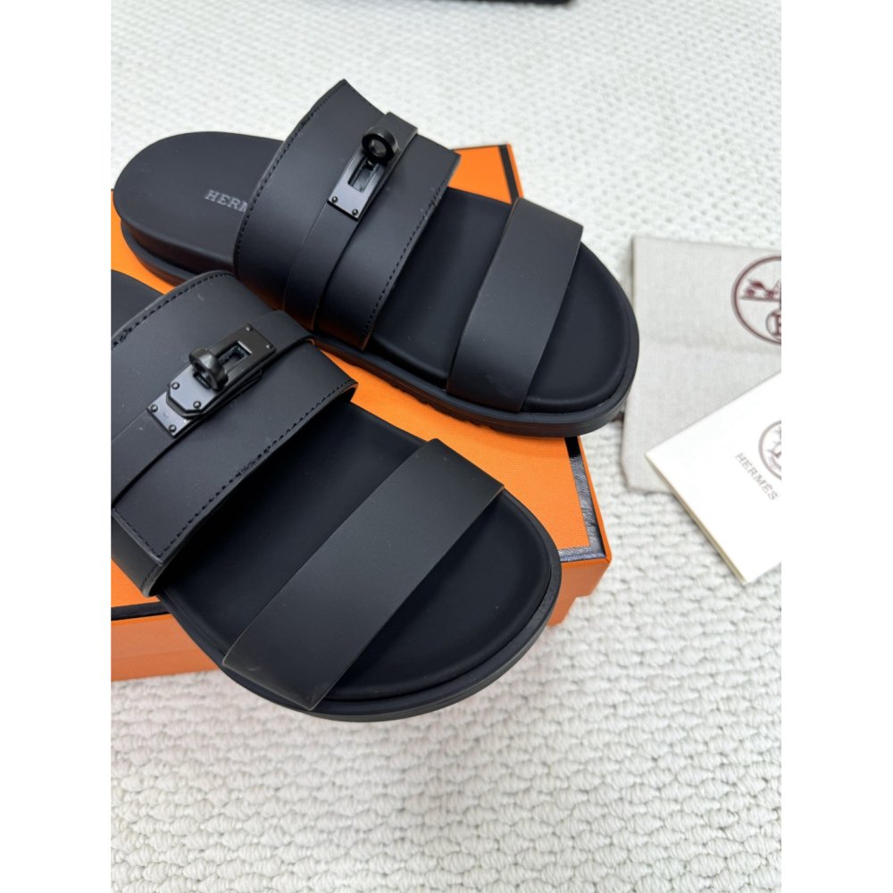 Cheap Reps Hermes Mens Jackson Sandal in Black Calfskin