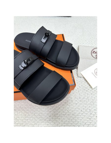 Cheap Reps Hermes Mens Jackson Sandal in Black Calfskin