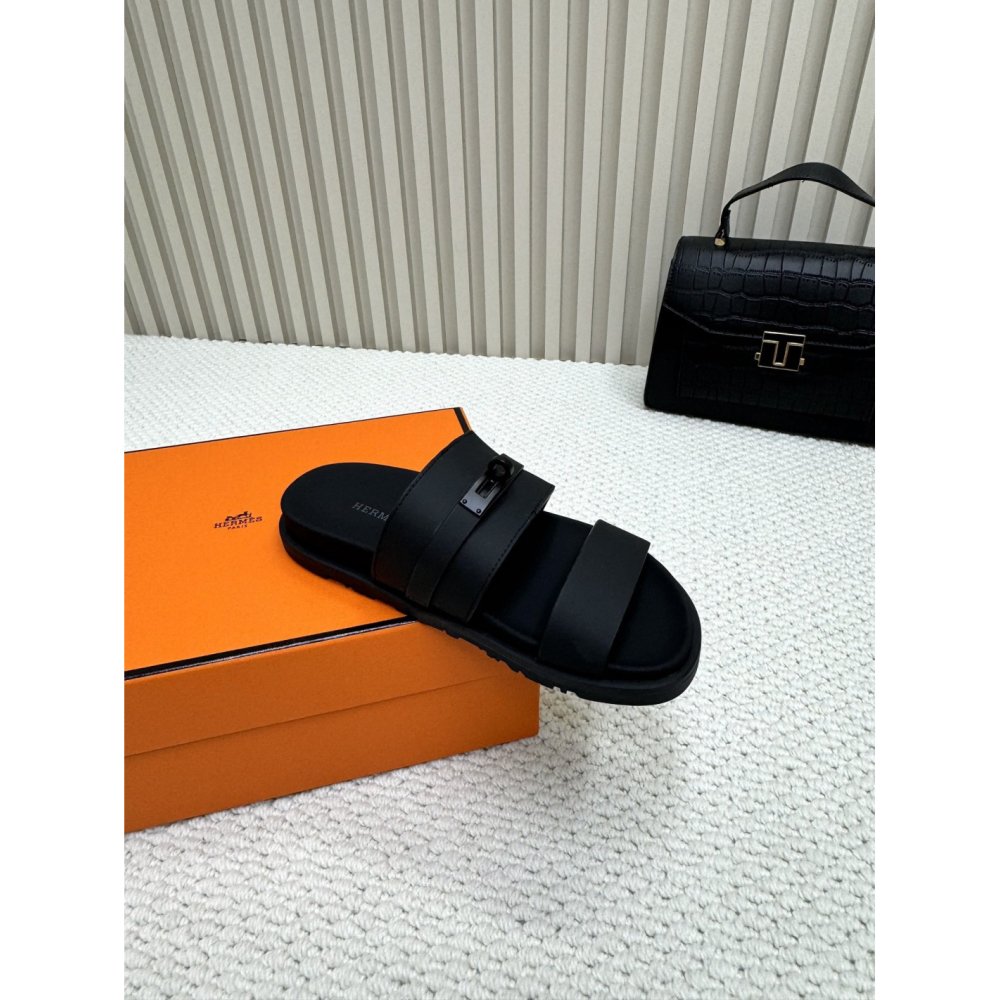 Cheap Reps Hermes Mens Jackson Sandal in Black Calfskin