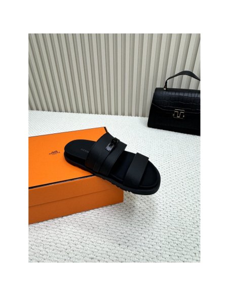 Cheap Reps Hermes Mens Jackson Sandal in Black Calfskin