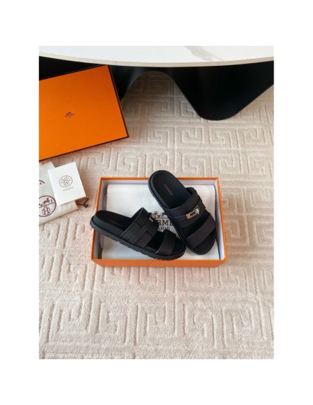 Cheap Reps Hermes Mens Jackson Sandal in Black Epsom Calfskin