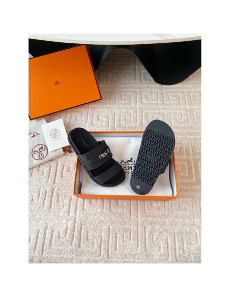 Cheap Reps Hermes Mens Jackson Sandal in Black Epsom Calfskin