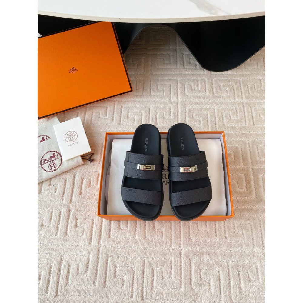Cheap Reps Hermes Mens Jackson Sandal in Black Epsom Calfskin