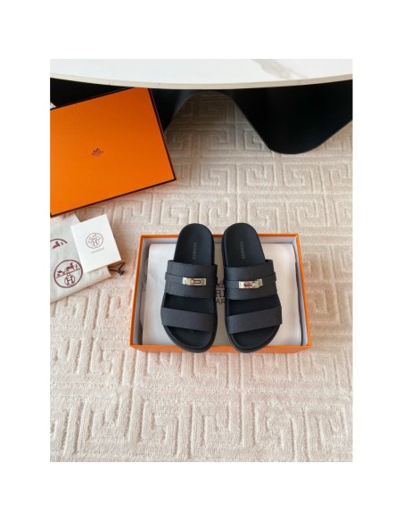 Cheap Reps Hermes Mens Jackson Sandal in Black Epsom Calfskin